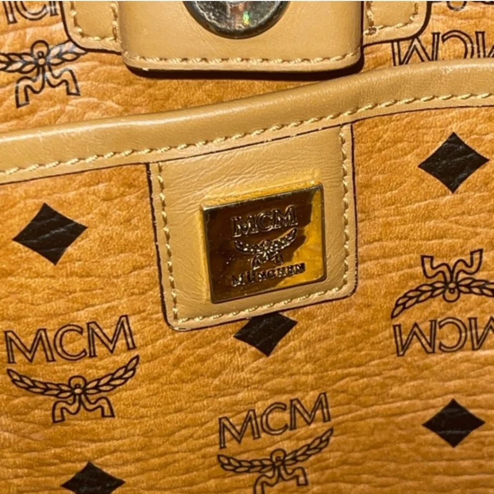 MCM Visetos Brown cognac Logo Tote Bag signature coated canvas with leather trim - Picture 6 of 12